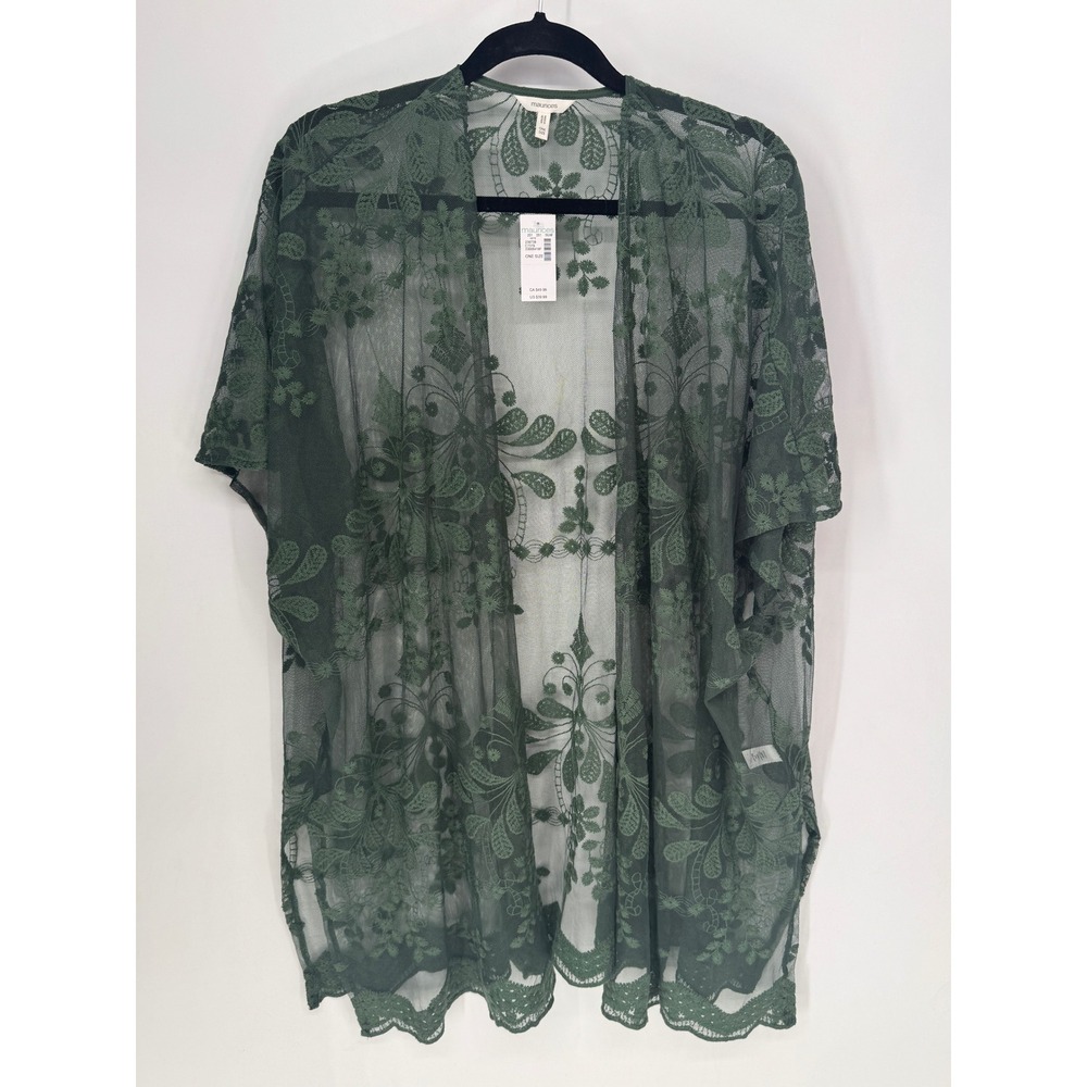 Maurices Kimono Women One Size Green NWT Floral Embroidered Mesh Sheer Boho